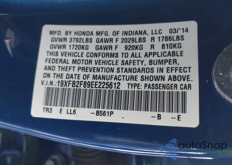 2014 Honda Civic Ex z USA, uszkodzony, nr VIN 19XFB2F89EE225612